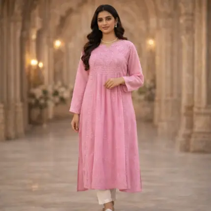 Pink pure viscose kurti with yoke design