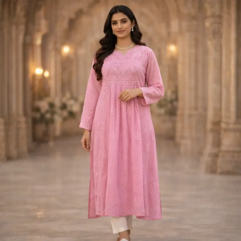 Pink pure viscose kurti with yoke design