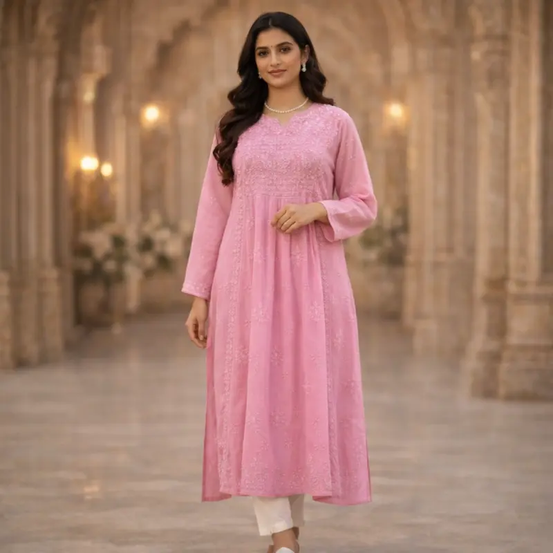 Pink pure viscose kurti with yoke design