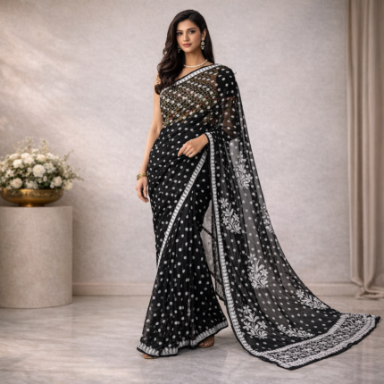 Model Shoot of RESHAM THREAD CHIKANKARI SAREE -Black