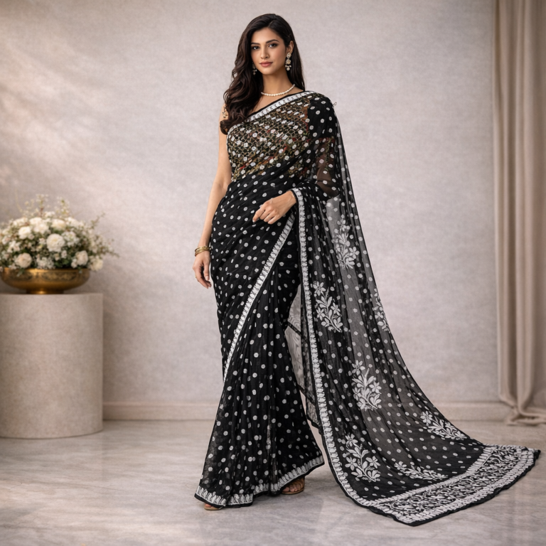 Model Shoot of RESHAM THREAD CHIKANKARI SAREE -Black