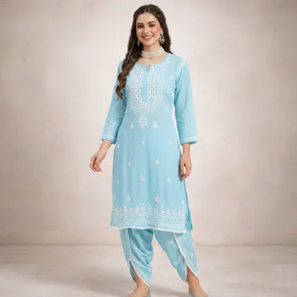 Sky blue chikankari modal dhoti kurta set women