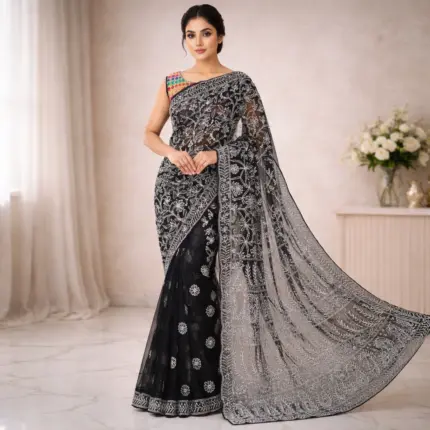 Black chikankari half jaal georgette saree