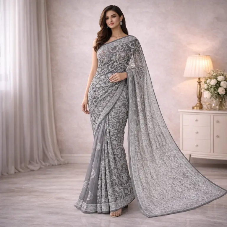 Grey chikankari half jaal georgette saree