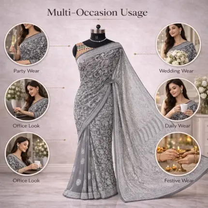 CHIKANKARI HALF JAAL SAREE - Gray
