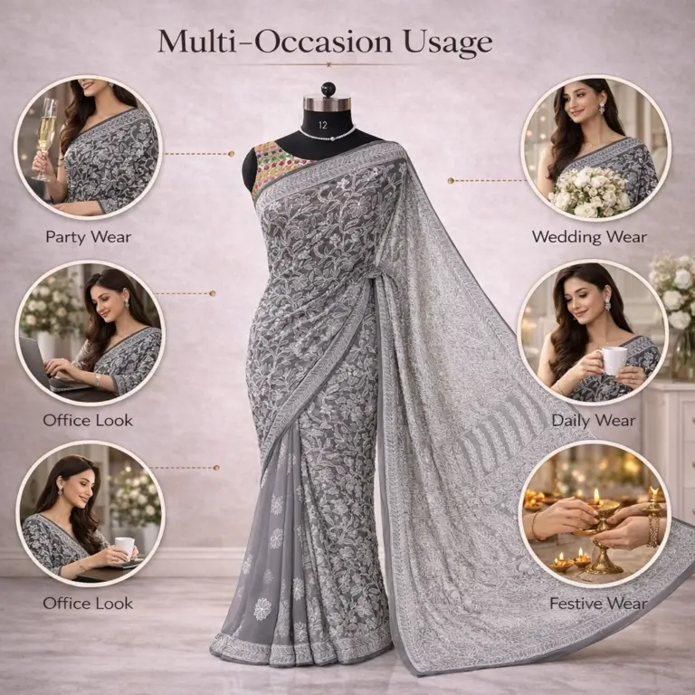 CHIKANKARI HALF JAAL SAREE - Gray