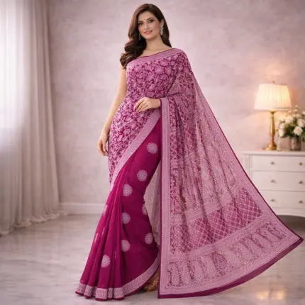 Dark pink chikankari half jaal georgette saree
