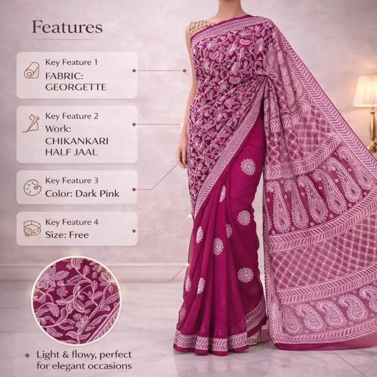 CHIKANKARI HALF JAAL SAREE - Dark Pink