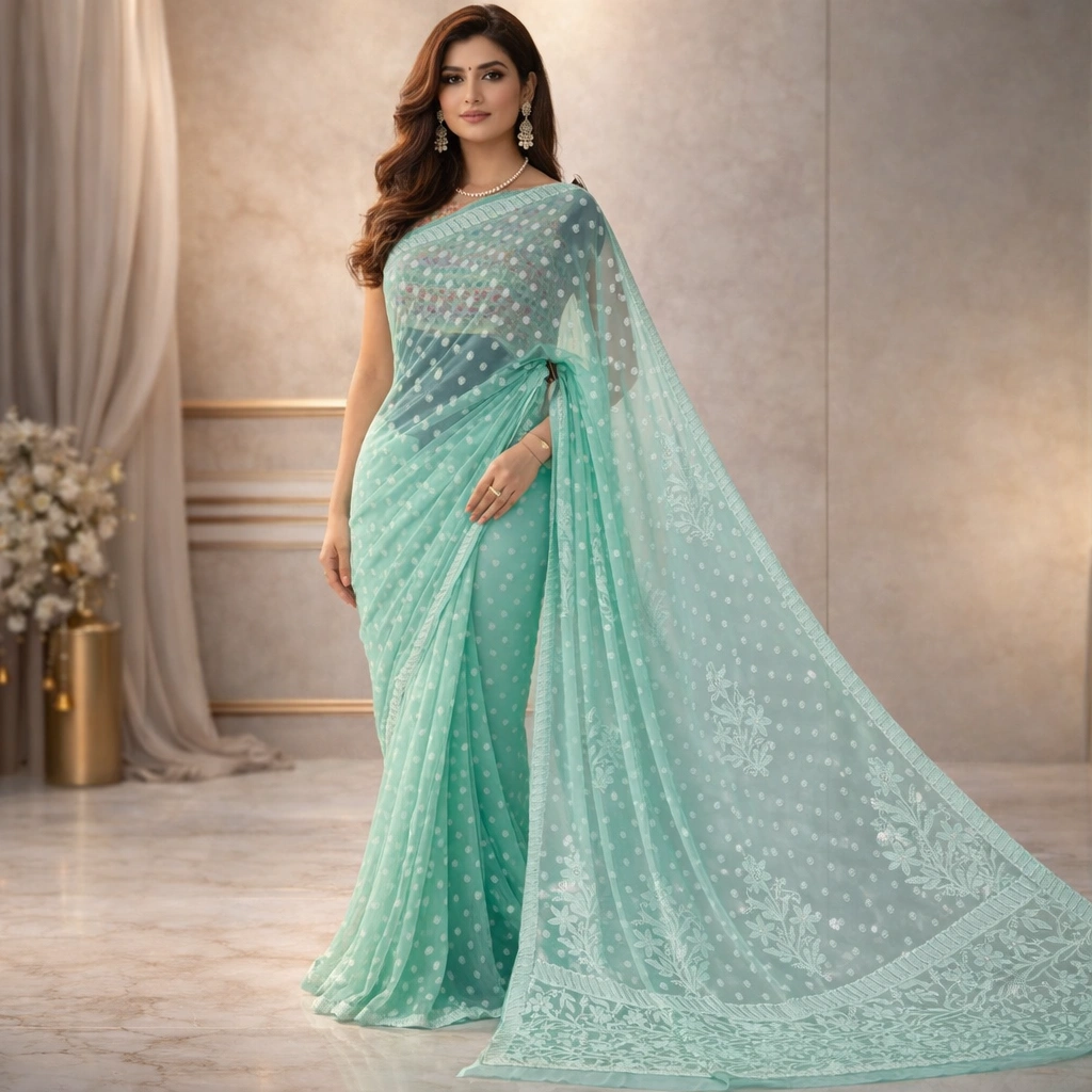 RESHAM THREAD CHIKANKARI SAREE - SEAGREEN Sea Green Resham Thread Chikankari Georgette Saree - Image 1