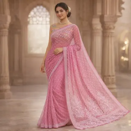 Pink resham thread chikankari georgette saree