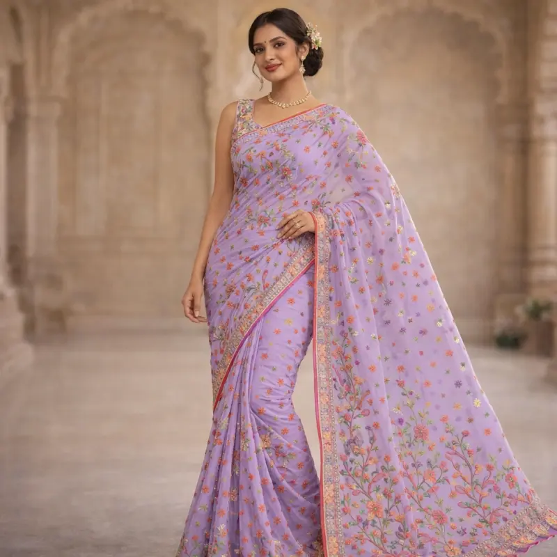 Purple resham thread chikankari georgette saree