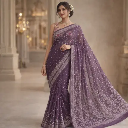 Mauve resham thread chikankari georgette saree