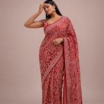 Red Chikankari Cotton Jaal Saree with Blouse