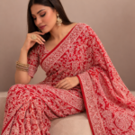 Red Chikankari Cotton Jaal Saree with Blouse - Image 3