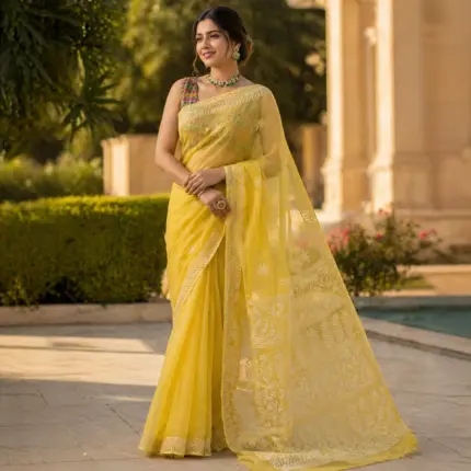 Yellow kota cotton palla border saree