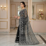 Black Premium Chikankari Half Jaal Lucknowi Saree