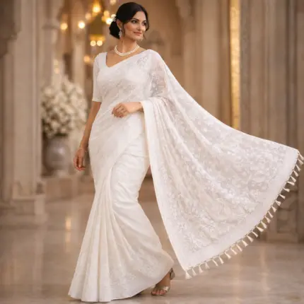 White cotton chikankari jaal saree