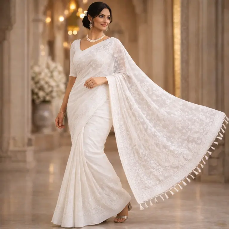 White cotton chikankari jaal saree