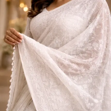 White chikankari saree with cotton fabric
