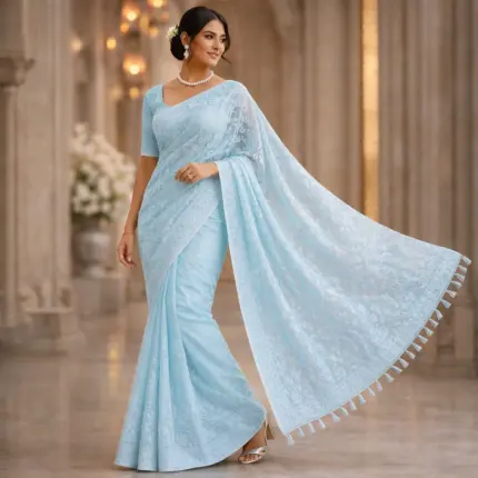 Sky blue chikankari cotton saree for women