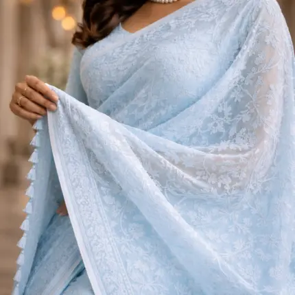 Sky blue cotton chikankari jaal saree