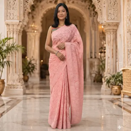 Peach cotton chikankari jaal saree