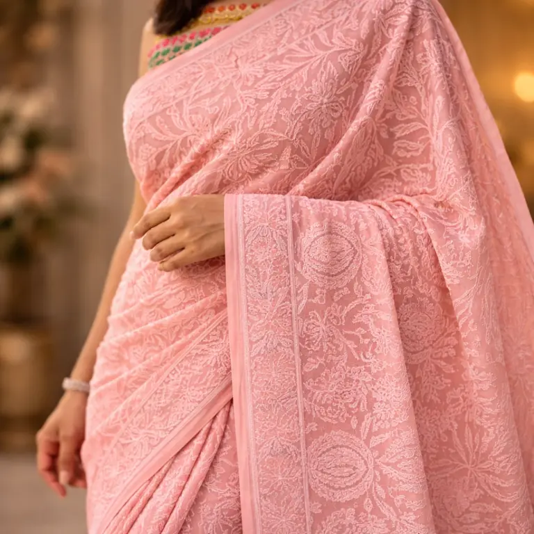 Lightweight peach cotton chikankari saree